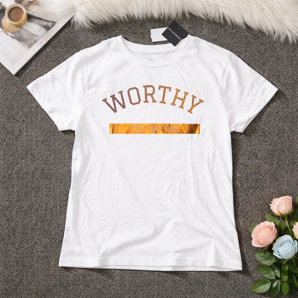 Coco Michele Women's Worthy Graphic T-Shirt White Gold Foil Cotton, Size S, NWT